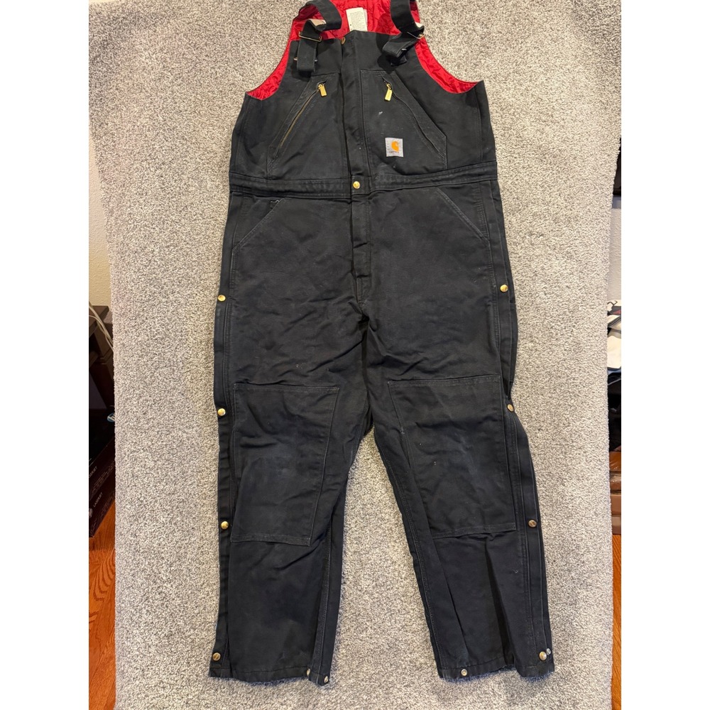 Carhartt Bib Overalls Men 40x30 Black R38-BLK Quilt Lined Duck Double Knee Work*